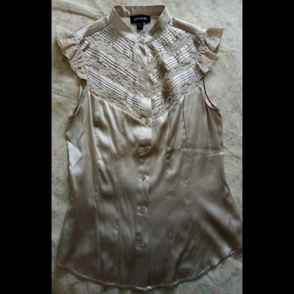 bebe Tops - Taupe Cream Victorian Silk Bebe Blouse